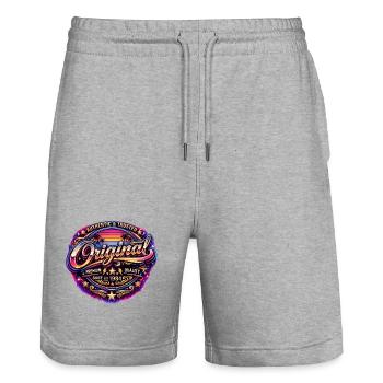Retro 1980s Neon Synthwave Original 1984 Badge - Stanley/Stella Trainer Unisex Organic Jogging Shorts - heather grey - Front - Nik (191cm) & Marisol (170cm)