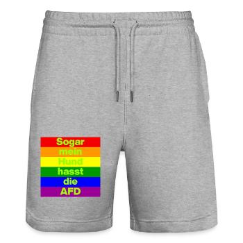 SOGAR MEIN HUND HASST DIE AFD, NO AFD NO NZS GRÜN - Stanley/Stella Unisex Bio Joggingshorts Trainer  - Grau meliert - Vorne - Nik (191cm) & Marisol (170cm)
