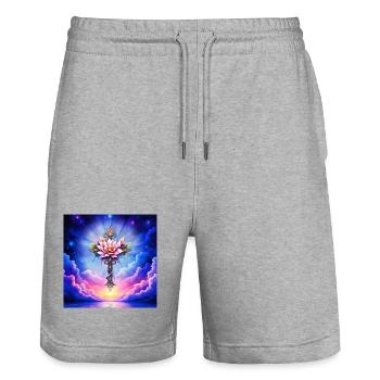 Floral Lotus Cross in Starry Sky - Stanley/Stella Trainer Unisex Organic Jogging Shorts - heather grey - Front - Nik (191cm) & Marisol (170cm)