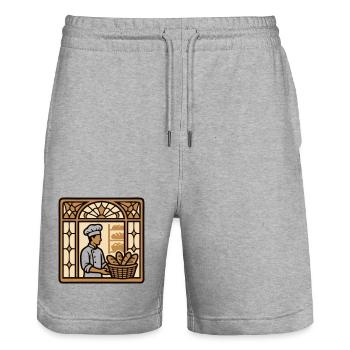 Baeckerei Shop Window Logo - Stanley/Stella Trainer Unisex Organic Jogging Shorts - heather grey - Front - Nik (191cm) & Marisol (170cm)