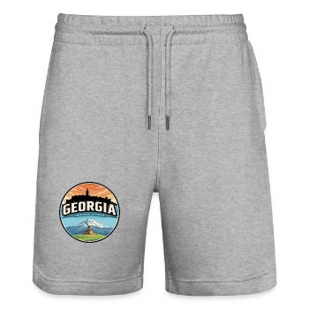Retro Georgia Gergeti Trinity Badge - Stanley/Stella Trainer Unisex Organic Jogging Shorts - heather grey - Front - Nik (191cm) & Marisol (170cm)