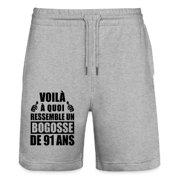 bogosse 91 ans / t-shirt anniversaire 91 ans - Short de jogging bio TRAINER Stanley/Stella unisexe - gris chiné - Devant - Nik (191cm) & Marisol (170cm)