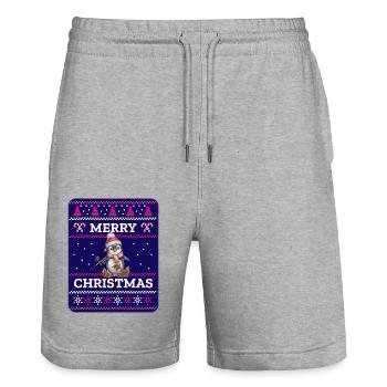 Paintball spielender Pinguin sagt frohe Weihnachten - Stanley/Stella Unisex Bio Joggingshorts Trainer  - Grau meliert - Vorne - Nik (191cm) & Marisol (170cm)