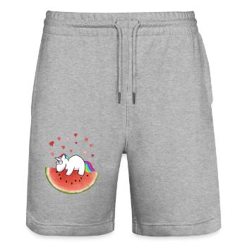 Licorne sur pastèque - Short de jogging bio TRAINER Stanley/Stella unisexe - gris chiné - Devant - Nik (191cm) & Marisol (170cm)