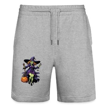 Halloween - Sorcière avec balai Horreur avec citrouille - Short de jogging bio TRAINER Stanley/Stella unisexe - gris chiné - Devant - Nik (191cm) & Marisol (170cm)