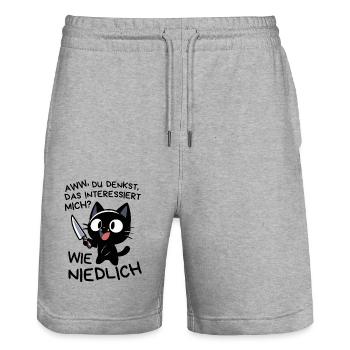 Katze mit Messer – Süß, aber absolut gefährlich - Stanley/Stella Unisex Bio Joggingshorts Trainer  - Grau meliert - Vorne - Nik (191cm) & Marisol (170cm)