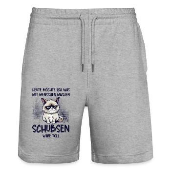 Menschen schubsen - Süße Grump Style Katze - Stanley/Stella Unisex Bio Joggingshorts Trainer  - Grau meliert - Vorne - Nik (191cm) & Marisol (170cm)
