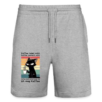 Genervte schwarze Katze mit Kaffee und Blick - Stanley/Stella Unisex Bio Joggingshorts Trainer  - Grau meliert - Vorne - Nik (191cm) & Marisol (170cm)
