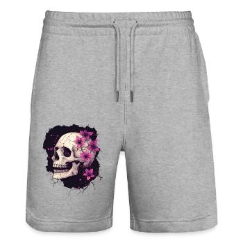 Crâne patiné avec des fleurs violettes - Short de jogging bio TRAINER Stanley/Stella unisexe - gris chiné - Devant - Nik (191cm) & Marisol (170cm)