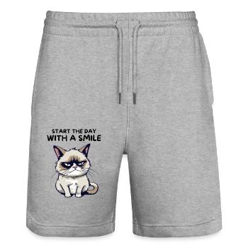 Start the Day with a Smile - Lustige Grumpy Katze - Stanley/Stella Unisex Bio Joggingshorts Trainer  - Grau meliert - Vorne - Nik (191cm) & Marisol (170cm)