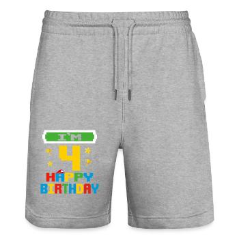 Vier 4 Jahre 4. Geburtstag Alles Gute zum Geburtstag 4 Jahre alt - Stanley/Stella Unisex Bio Joggingshorts Trainer  - Grau meliert - Vorne - Nik (191cm) & Marisol (170cm)