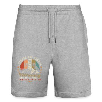 Born in February 1939 birthday joke retro 1939 - Stanley/Stella Trainer Unisex Organic Jogging Shorts - heather grey - Front - Nik (191cm) & Marisol (170cm)