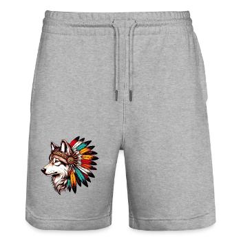 Loup amérindien Peau rouge américaine - Short de jogging bio TRAINER Stanley/Stella unisexe - gris chiné - Devant - Nik (191cm) & Marisol (170cm)