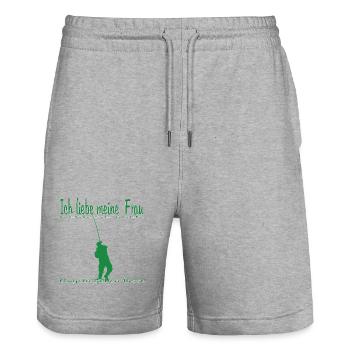 Angler with fishing rod - Stanley/Stella Trainer Unisex Organic Jogging Shorts - heather grey - Front - Nik (191cm) & Marisol (170cm)