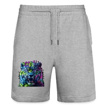 Techno Neon Leopard – Glitchcore Art - Stanley/Stella Trainer Unisex Organic Jogging Shorts - heather grey - Front - Nik (191cm) & Marisol (170cm)