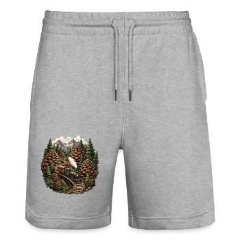 Forest railway steam locomotive in the mountain forest - Stanley/Stella Trainer Unisex Organic Jogging Shorts - heather grey - Front - Nik (191cm) & Marisol (170cm)