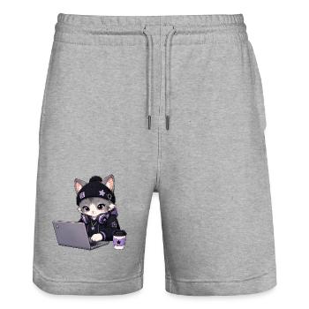 Chat codeur violet et noir - Short de jogging bio TRAINER Stanley/Stella unisexe - gris chiné - Devant - Nik (191cm) & Marisol (170cm)