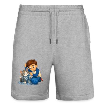 Junge befreit Katze sanft aus blauem Wollknäuel - Stanley/Stella Unisex Bio Joggingshorts Trainer  - Grau meliert - Vorne - Nik (191cm) & Marisol (170cm)