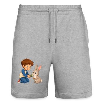 Kaninchen bekommt Gurke vom fröhlichen Jungen - Stanley/Stella Unisex Bio Joggingshorts Trainer  - Grau meliert - Vorne - Nik (191cm) & Marisol (170cm)