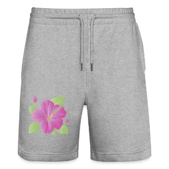 Lila Hibiskusblüte mit Knospen Illustration - Stanley/Stella Unisex Bio Joggingshorts Trainer  - Grau meliert - Vorne - Nik (191cm) & Marisol (170cm)