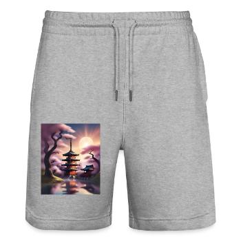 Japanische Gebäude während Sakura - Stanley/Stella Unisex Bio Joggingshorts Trainer  - Grau meliert - Vorne - Nik (191cm) & Marisol (170cm)