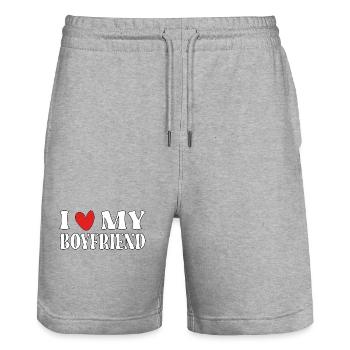 J’aime mon copain - Short de jogging bio TRAINER Stanley/Stella unisexe - gris chiné - Devant - Nik (191cm) & Marisol (170cm)