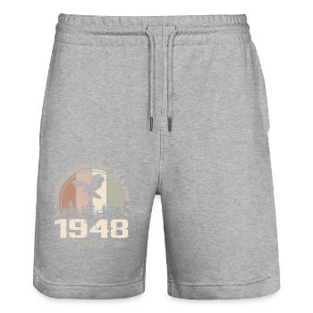 75 years old Aged to perfection born in July 1949 - Stanley/Stella Trainer Unisex Organic Jogging Shorts - heather grey - Front - Nik (191cm) & Marisol (170cm)