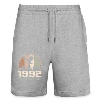 Incomparable since July 1992, 32nd Anniversary - Stanley/Stella Trainer Unisex Organic Jogging Shorts - heather grey - Front - Nik (191cm) & Marisol (170cm)
