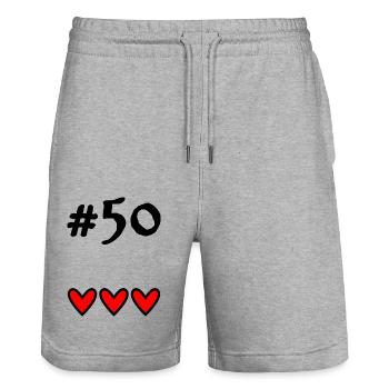50 YEARS. 50th ANNIVERSARY. 50 YEARS ANNIVERSARY - Stanley/Stella Trainer Unisex Organic Jogging Shorts - heather grey - Front - Nik (191cm) & Marisol (170cm)