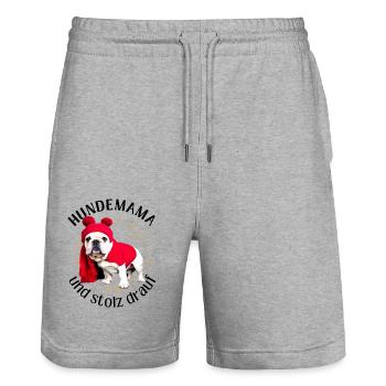 HUNDEMAMA und stolz drauf HUND Hunde Bulldogge - Stanley/Stella Unisex Bio Joggingshorts Trainer  - Grau meliert - Vorne - Nik (191cm) & Marisol (170cm)