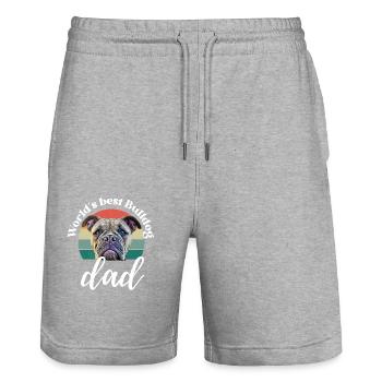 WORLD ́S BEST BULLDOG DAD ... Dog Dogs Bulldog - Stanley/Stella Trainer Unisex Organic Jogging Shorts - heather grey - Front - Nik (191cm) & Marisol (170cm)