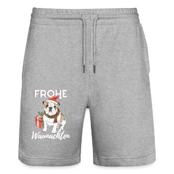 Bulldogge Frohe Weihnachten Hund Hunde - Stanley/Stella Unisex Bio Joggingshorts Trainer  - Grau meliert - Vorne - Nik (191cm) & Marisol (170cm)