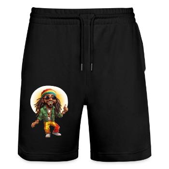 Tom le personnage de dessin animé de style reggae rastafari. - Short de jogging bio TRAINER Stanley/Stella unisexe - noir - Devant - Nik (191cm) & Marisol (170cm)