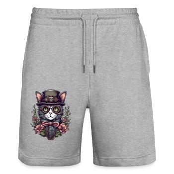 Steampunk Cat - Stanley/Stella Trainer Unisex Organic Jogging Shorts - heather grey - Front - Nik (191cm) & Marisol (170cm)