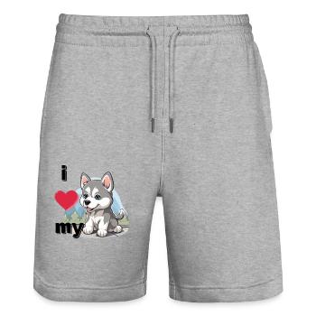 Husky Baby - chien chiot - chien amour - chien mignon - Short de jogging bio TRAINER Stanley/Stella unisexe - gris chiné - Devant - Nik (191cm) & Marisol (170cm)