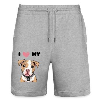 Little Pitbull - Bully Puppy - Chien mignon - Amour - Short de jogging bio TRAINER Stanley/Stella unisexe - gris chiné - Devant - Nik (191cm) & Marisol (170cm)