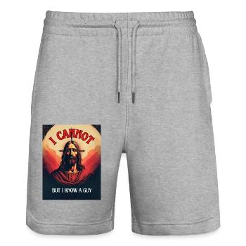 "I cannot but I know a Guy" religious humor, fun - Stanley/Stella Trainer Unisex Organic Jogging Shorts - heather grey - Front - Nik (191cm) & Marisol (170cm)