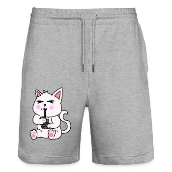 Bubble Tea Drinking White Cat Anime Kawaii - Stanley/Stella Trainer Unisex Organic Jogging Shorts - heather grey - Front - Nik (191cm) & Marisol (170cm)