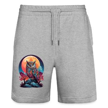 MOONLIT MYSTIQUE: A COLORFUL OWL’S NIGHTTIME VIGIL - Stanley/Stella Trainer Unisex Organic Jogging Shorts - heather grey - Front - Nik (191cm) & Marisol (170cm)