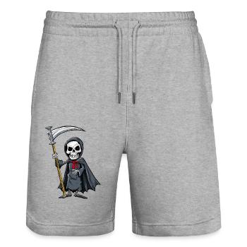 la petite mort en personne - Faucheuse - Short de jogging bio TRAINER Stanley/Stella unisexe - gris chiné - Devant - Nik (191cm) & Marisol (170cm)