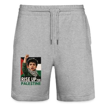 Rise Up For Palestine Powerful Protest Art - Stanley/Stella Trainer Unisex Organic Jogging Shorts - heather grey - Front - Nik (191cm) & Marisol (170cm)