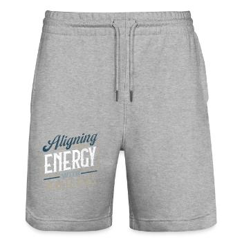 Meine Energie mit dem Humor der teuflischen Eier in Einklang bringen - Stanley/Stella Unisex Bio Joggingshorts Trainer  - Grau meliert - Vorne - Nik (191cm) & Marisol (170cm)