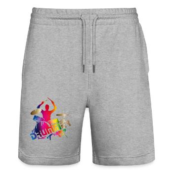 farbenfroher Schlagzeuger sitzt am Schlagzeug - Stanley/Stella Unisex Bio Joggingshorts Trainer  - Grau meliert - Vorne - Nik (191cm) & Marisol (170cm)