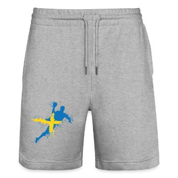 Équipe de handball Suède Joueur de handball symbole Explosion - Short de jogging bio TRAINER Stanley/Stella unisexe - gris chiné - Devant - Nik (191cm) & Marisol (170cm)