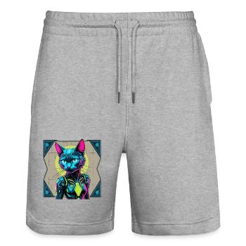 Cyberkatze – Futuristisches Neon-Design für Katzen - Stanley/Stella Unisex Bio Joggingshorts Trainer  - Grau meliert - Vorne - Nik (191cm) & Marisol (170cm)