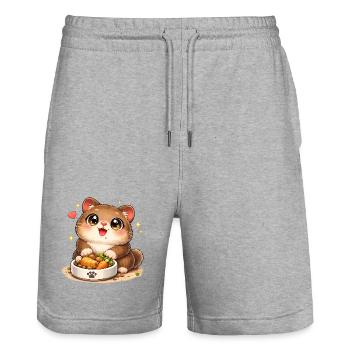 Cuddly kitten with food bowl - Stanley/Stella Trainer Unisex Organic Jogging Shorts - heather grey - Front - Nik (191cm) & Marisol (170cm)