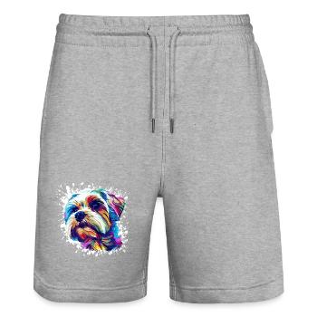 Portrait de chien Pop Art - Short de jogging bio TRAINER Stanley/Stella unisexe - gris chiné - Devant - Nik (191cm) & Marisol (170cm)