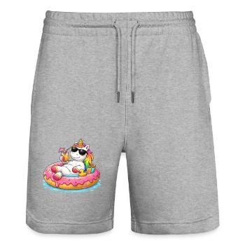Entspanntes Einhorn in einer Boje – Sommerhumor und Attitüde - Stanley/Stella Unisex Bio Joggingshorts Trainer  - Grau meliert - Vorne - Nik (191cm) & Marisol (170cm)
