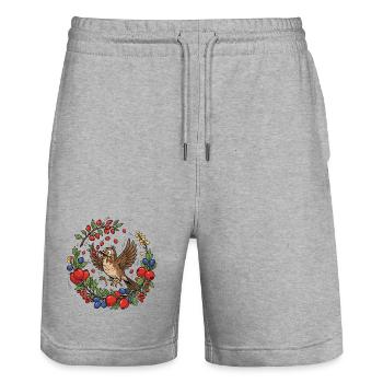 Oiseau joyeux dans une couronne de baies - Short de jogging bio TRAINER Stanley/Stella unisexe - gris chiné - Devant - Nik (191cm) & Marisol (170cm)