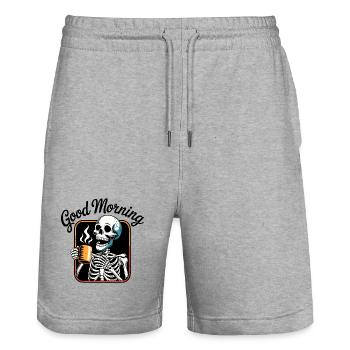 Kaffee-Skelett mit dampfender Tasse - Stanley/Stella Unisex Bio Joggingshorts Trainer  - Grau meliert - Vorne - Nik (191cm) & Marisol (170cm)